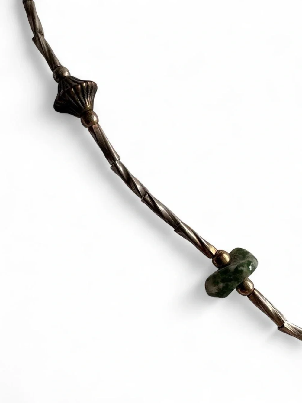 Handmade necklace with bronze wolf dog pendant and silver brass and green beads